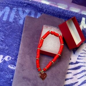 Red Clay Bracelet with Red Enamel Heart Charm and red gift box